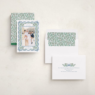 This is a navy photo christmas cards with standard by Alethea and Ruth called bow corners printing on recycled smooth signature in standard