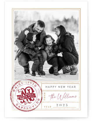 This is a cranberry photo christmas cards with standard by Robert and Stella called north pole approved printing on recycled smooth signature in standard