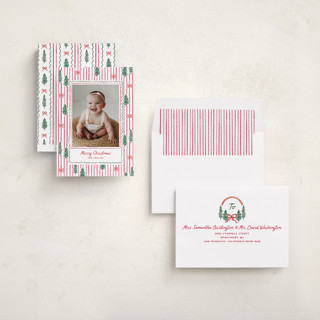 This is a stocking photo christmas cards with standard by Creo Study called trees and bows printing on recycled smooth signature in standard