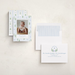 This is a blue jay photo christmas cards with standard by Creo Study called trees and bows printing on recycled smooth signature in standard