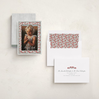 This is a wreath photo christmas cards with standard by Jenna Holcomb called a cottage christmas printing on recycled smooth signature in standard