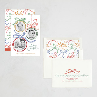 This is a fruitcake photo christmas cards with standard by Paper Sun Studio called baubles and bows printing on recycled smooth signature in standard