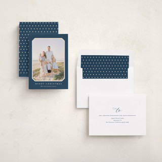 This is a navy photo christmas cards with standard by Carolyn MacLaren called vintage bevel printing on recycled smooth signature in standard