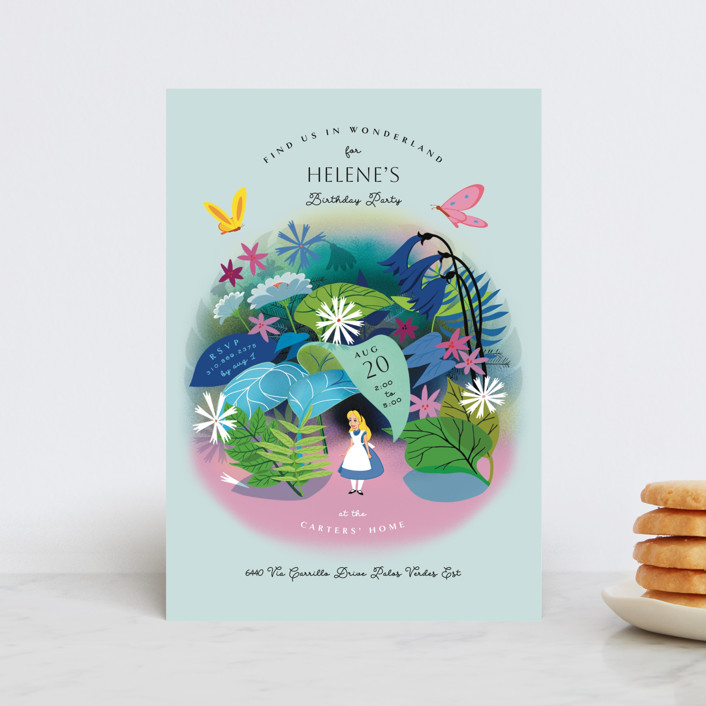 "Disney's Alice in Wonderland in the Flower Garden" - Petite Children's Birthday Party Invitations in Aqua by Becky Nimoy.