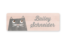 This is a pink name label by Shirley Lin Schneider called The Cat's Meow with standard printing on waterproof sticker paper in sticker.