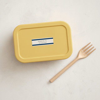 This is a navy name labels with standard by Megan Davis called montauk printing on waterproof sticker paper in sticker