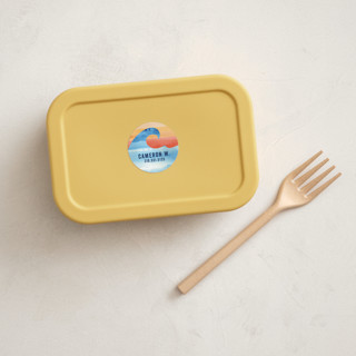 This is a turquoise name labels with standard by Shirley Lin Schneider called surfs up printing on waterproof sticker paper in sticker