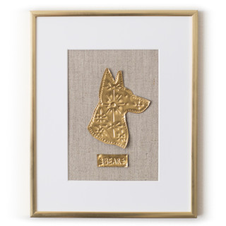 This is a gold commission art by The Pink Parakeet called custom pet silhouette art, 5x7in., embossed metal commission in standard