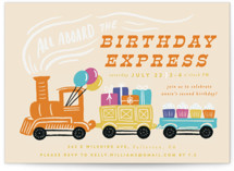 This is a orange kids birthday invitation by Shiny Penny Studio called The Birthday Express with standard printing on signature in postcard.
