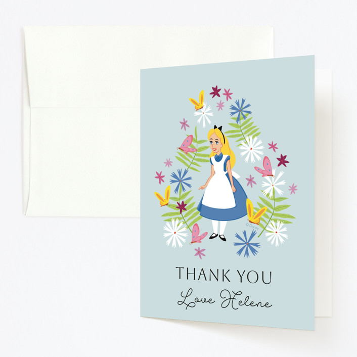 "Disney's Alice in Wonderland in the Flower Garden" - Children's Birthday Party Thank You Cards in Aqua by Becky Nimoy.