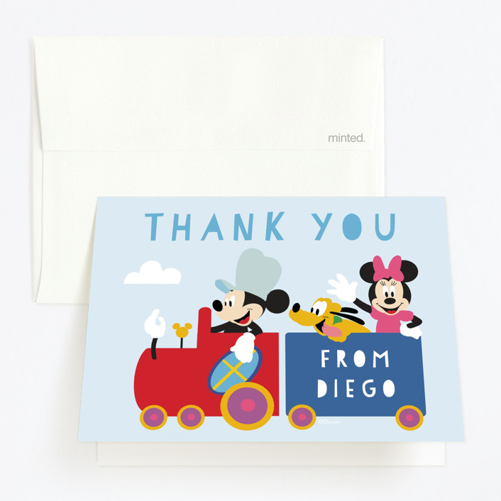 "Disney Mickey & Friends Birthday Train" - Children's Birthday Party Thank You Cards in Sky by Madhvi Samimi.