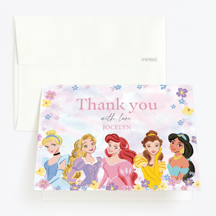 "Disney's Princess Portrait" - Children's Birthday Party Thank You Cards in Cotton Candy by Cass Loh.