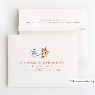 This is a mustard kids thank you cards with standard by Katie Zimpel called it's a pizza party printing on strathmore in standard