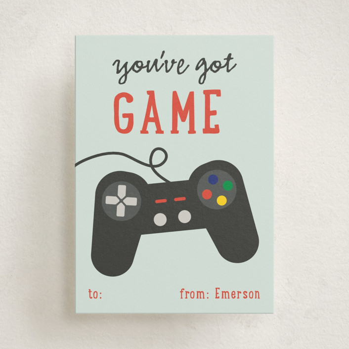 "Video Gamer" - Hand Drawn, Funny Classroom Valentine's Day Cards in Sky by Annie Holmquist.