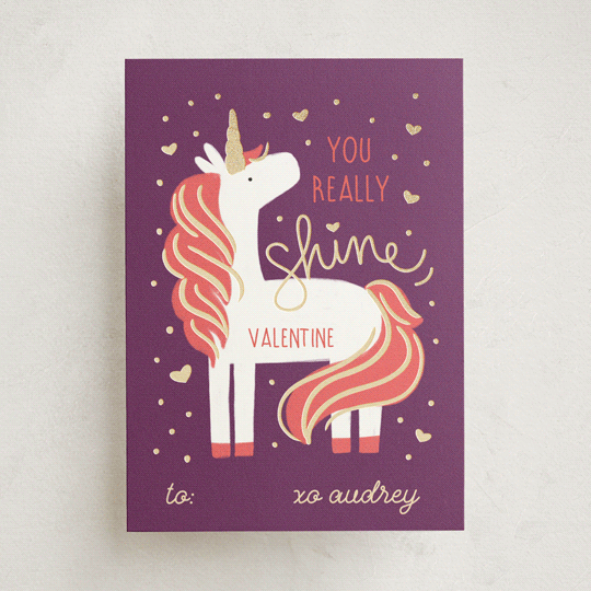 "Unicorn Shine" - Foil-pressed Classroom Valentine's Day Cards in Tangerine by JeAnna Casper.