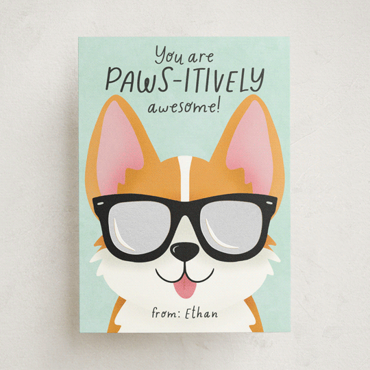 "Pawsitively Awesome" - Foil-pressed Classroom Valentine's Day Cards in Seafoam by Randi Cirelli.