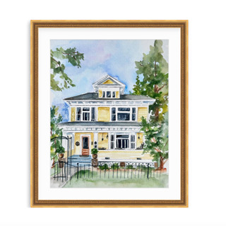 This is a multicolorassorted-colors commission art by Sarah Hall called watercolor house portrait 11 x 14, custom painting in standard