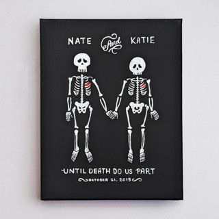 This is a black commission art by Katie Zimpel called until death couple portrait | 11" x 14"| acrylic painting commission in standard
