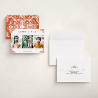 This is a rust diwali cards with standard by Oma N. Ramkhelawan called rangoli corners printing on recycled smooth signature in petite
