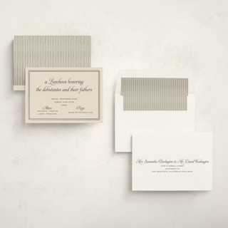 This is a cream debutante party invitations with standard by Ani Somi called calling card printing on signature in standard
