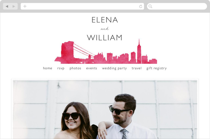 "Skyline -New York" - Hand Drawn, Cities & States Wedding Website in Magenta by Laura Condouris.