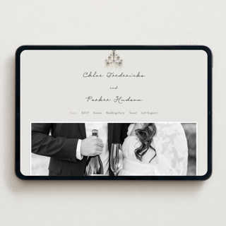 This is a noir wedding websites by Jackie Crawford called hand illustrated whimsical chandelier printing on digital paper in standard