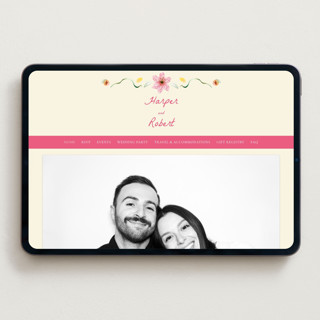 This is a blush wedding websites by Emily Miranda called romantic tropical wedding printing on digital paper in standard