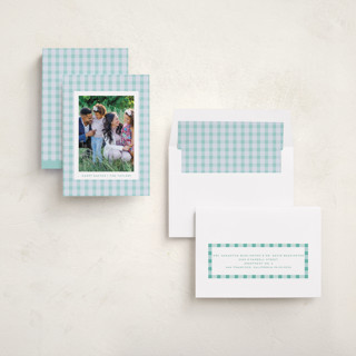 This is a aqua easter photo cards with standard by Sarah Cohn called easter plaid card printing on recycled smooth signature in standard