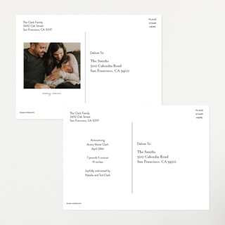 This is a burnt rose birth announcement postcards with foil pressed by Amy Payne called delicate collage printing on signature in postcard