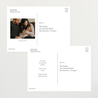 This is a ice birth announcement postcards with foil pressed by Everett Paper Goods called flourished printing on signature in postcard