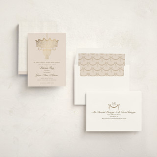 This is a sand debutante party invitations with foil pressed by Claudia Orengo called chandelier printing on signature in standard