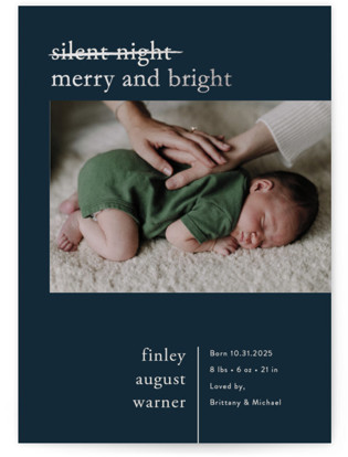 This is a moonlight babys first christmas with foil pressed by Pink House Press called merry nights printing on recycled smooth signature in standard