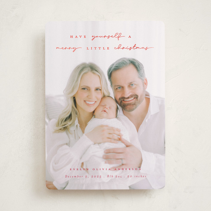 "Merry Little Christmas" - Foil-pressed Holiday Birth Announcements in Berry by Hudson meet Rose.
