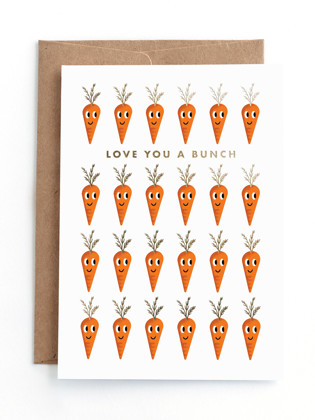 This is a carrot tbd by mo kelley called love you a bunch in greeting cards