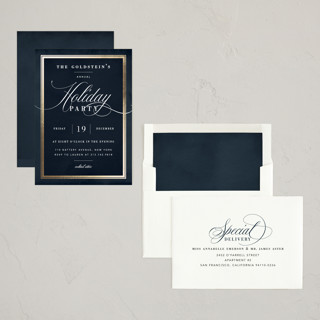 This is a midnight holiday party invitations with foil pressed by Jennifer Lew called refinement printing on signature in standard