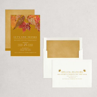 This is a sunflower holiday party invitations with foil pressed by Heather Schertzer called gilded autumn leaves printing on signature in standard