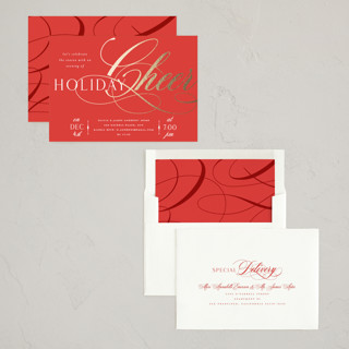 This is a holly berry holiday party invitations with foil pressed by Melanie Kosuge called joy flourish printing on signature in standard