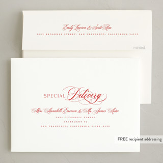 This is a holly berry holiday party invitations with foil pressed by Melanie Kosuge called joy flourish printing on signature in standard