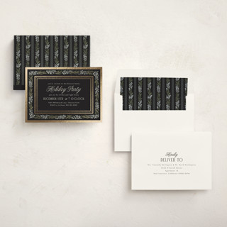 This is a midnight holiday party invitations with foil pressed by Laura Hankins called evergreen frame printing on signature in standard
