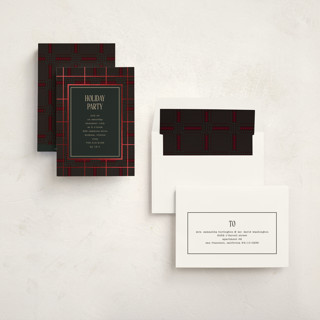 This is a holly holiday party invitations with foil pressed by Baumbirdy called plaid party printing on signature in standard