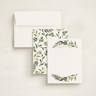 This is a sage foil stamped stationery with foil pressed by Susan Moyal called curved name printing on signature in 4.25x5.5