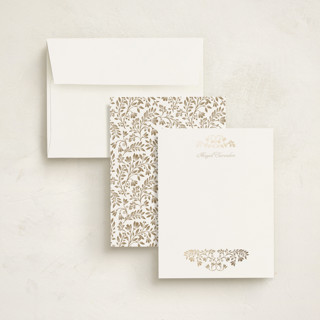 This is a sunrise foil stamped stationery with foil pressed by Anna Black called leafy crest printing on signature in 4.25x5.5
