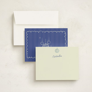 This is a disco blue foil stamped stationery with foil pressed by Zove Ahhh called party on! printing on signature in 4.25x5.5