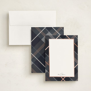 This is a midnight personalized stationery thank you cards with foil pressed by Rebecca Durflinger called shimmering tartan printing on signature in 5x7