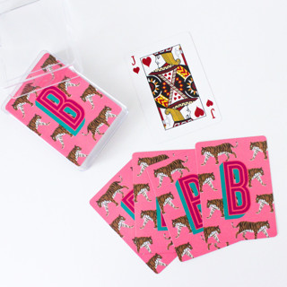 This is a pink home decor by Clairebella called tigers pink monogrammed playing cards in standard