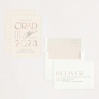 This is a cream graduation invitations with foil pressed by Ana de Sousa called cordially printing on signature in standard