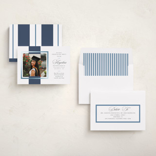 This is a navy graduation invitations with foil pressed by Owl and Toad called preppy frame printing on recycled smooth signature in standard