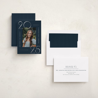 This is a navy graduation announcements with foil pressed by Kelly Schmidt called numbered printing on recycled smooth signature in standard