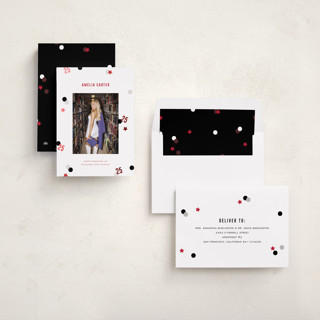 This is a scarlett graduation announcements with foil pressed by Pixel and Hank called grad confetti printing on recycled smooth signature in standard
