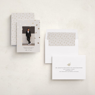 This is a parchment graduation announcements with foil pressed by Jamie Alexander called hats off grad printing on recycled smooth signature in standard